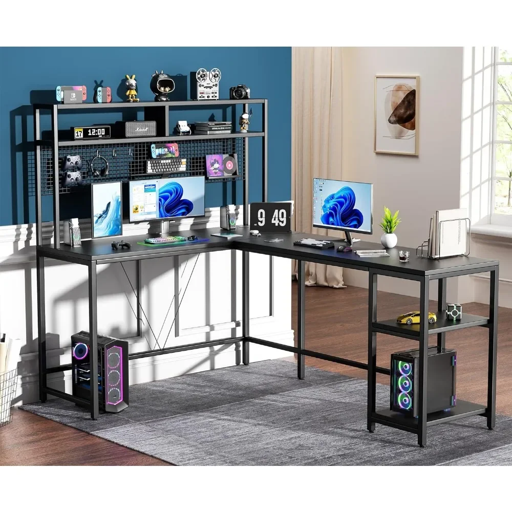 L Shaped Mesa Gaming com Hutch e Pegboard, Luzes LED, Black Corner Computer Desk, Prateleiras de armazenamento, 67"