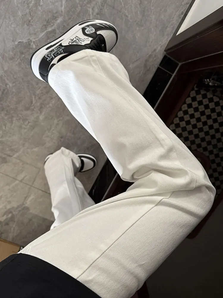 

American High Street Sle White Micro Flared Knife Jeans Men's Clean Fit Elastic Slim Straight Long Pants Trendy Casual Jeans