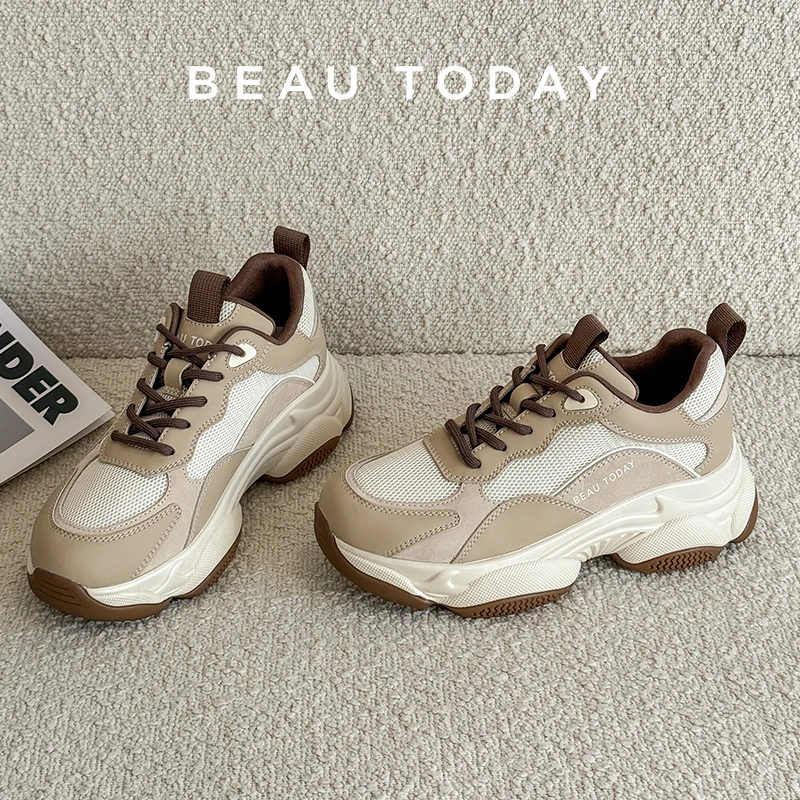 

BEAUTODAY Chunky Sneakers Women Synthetic Leather Mixed Color Round Toe Breathable Mesh Trainers Ladies Shoes Handmade 29401