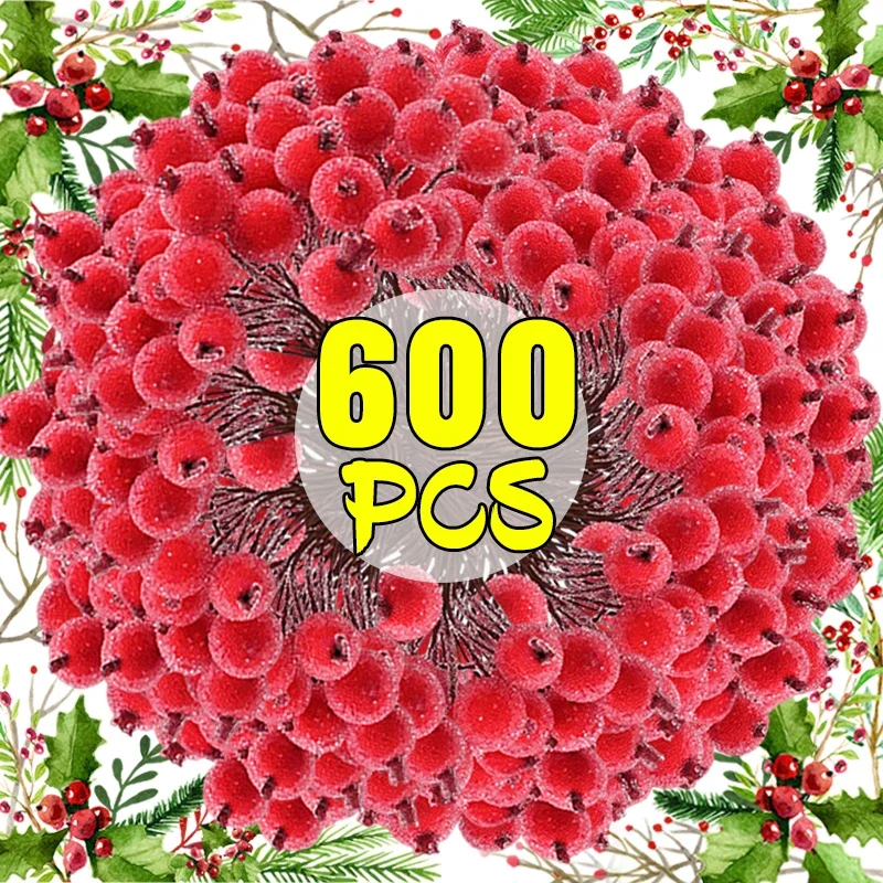 Mini Artificial Frosted Berry Stamen Christmas Double Head Holly Berries Fake Flowers Bouquets DIY Wreath Xmas Party Decoration