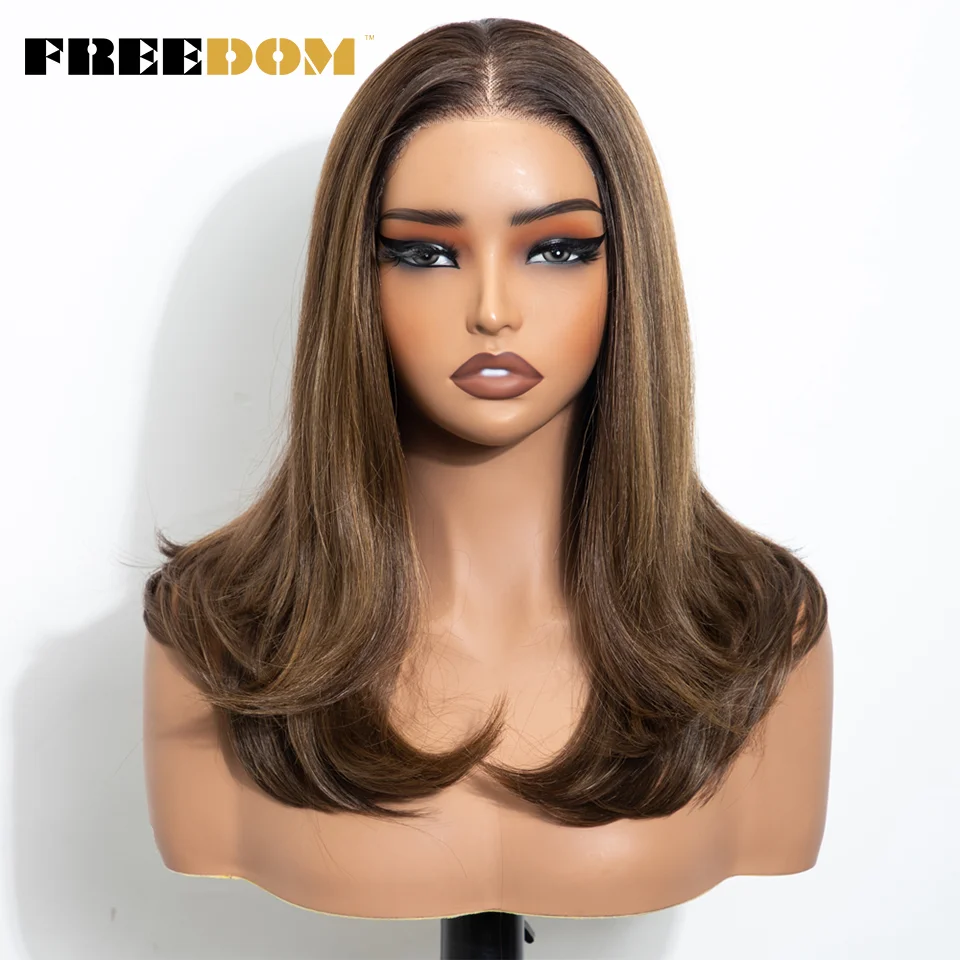 FREEDOM 13X3 Synthetische Lace-Front-Perücken für Damen, 16" Ombre-Braun mit Highlights, geschichtet, gewellt, vorgezupfter Haaransatz, Perücken für den täglichen Gebrauch – Detail 3