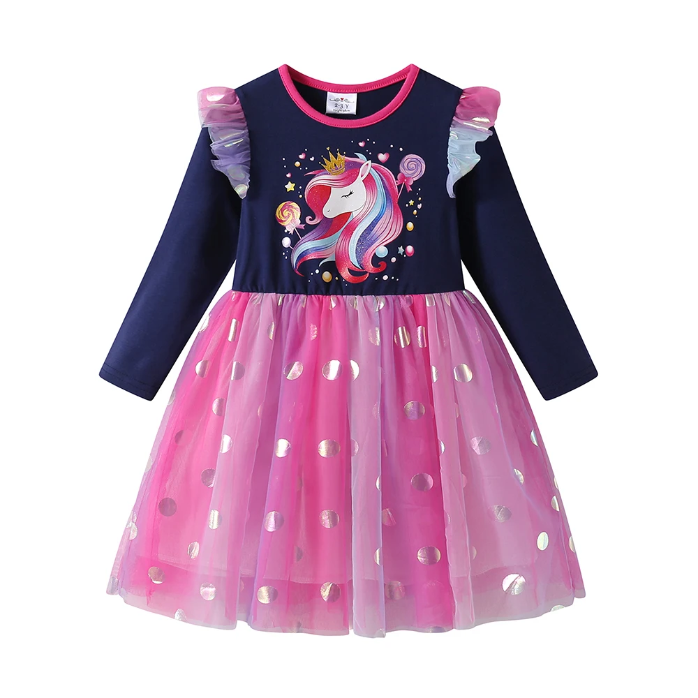 DXTON Herbst-Kleider für Kinder, Einhorn-Motiv, gepunktet, Netzstoff, Prinzessinnen-Tutu-Kleid, für Kleinkinder, Urlaub im Freien, langärmelig, Mädchenkleidung, 3–8 Jahre – Detail 3