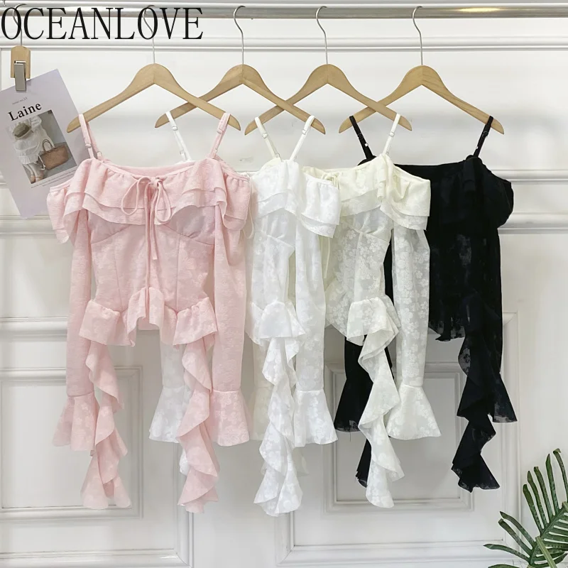 

OCEANLOVE Y2k Clothes Ruffles Women Shirts&blouses Irregular Sexy Blusas Mujer Slash Neck Flare Sleeve Vintage Camisas