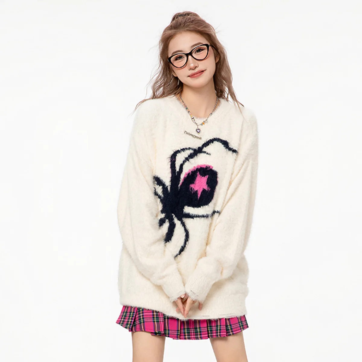 Tideku sweter rajut longgar Pullover leher bulat Spider imitasi bulu Mink musim gugur dan musim dingin merek trendi wanita