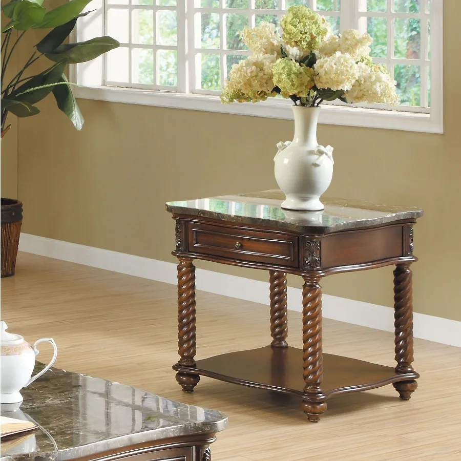 

Traditional Formal Marble Top End Table with Drawer Lower Shelf Mahogany Finish Spiral Turned Legs Wooden 1pc Living Room Furni