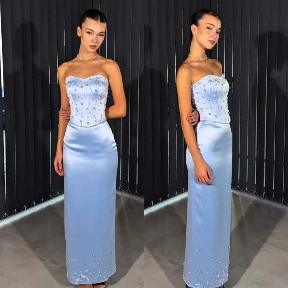 

Customized Charmeuse Rhinestone Glitter Strapless Straight Midi Dresses Bespoke Occasion Women Luxury Evening Exquisite Party