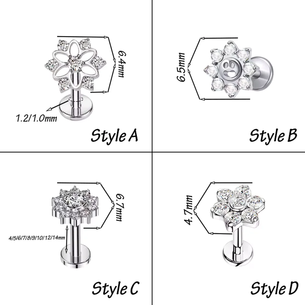PUTITUP F136 Titanium Classic Threaded Flower Ear Studs Lip Studs Anodised Ear Bone Studs Body Piercing Jewellery Nose Studs