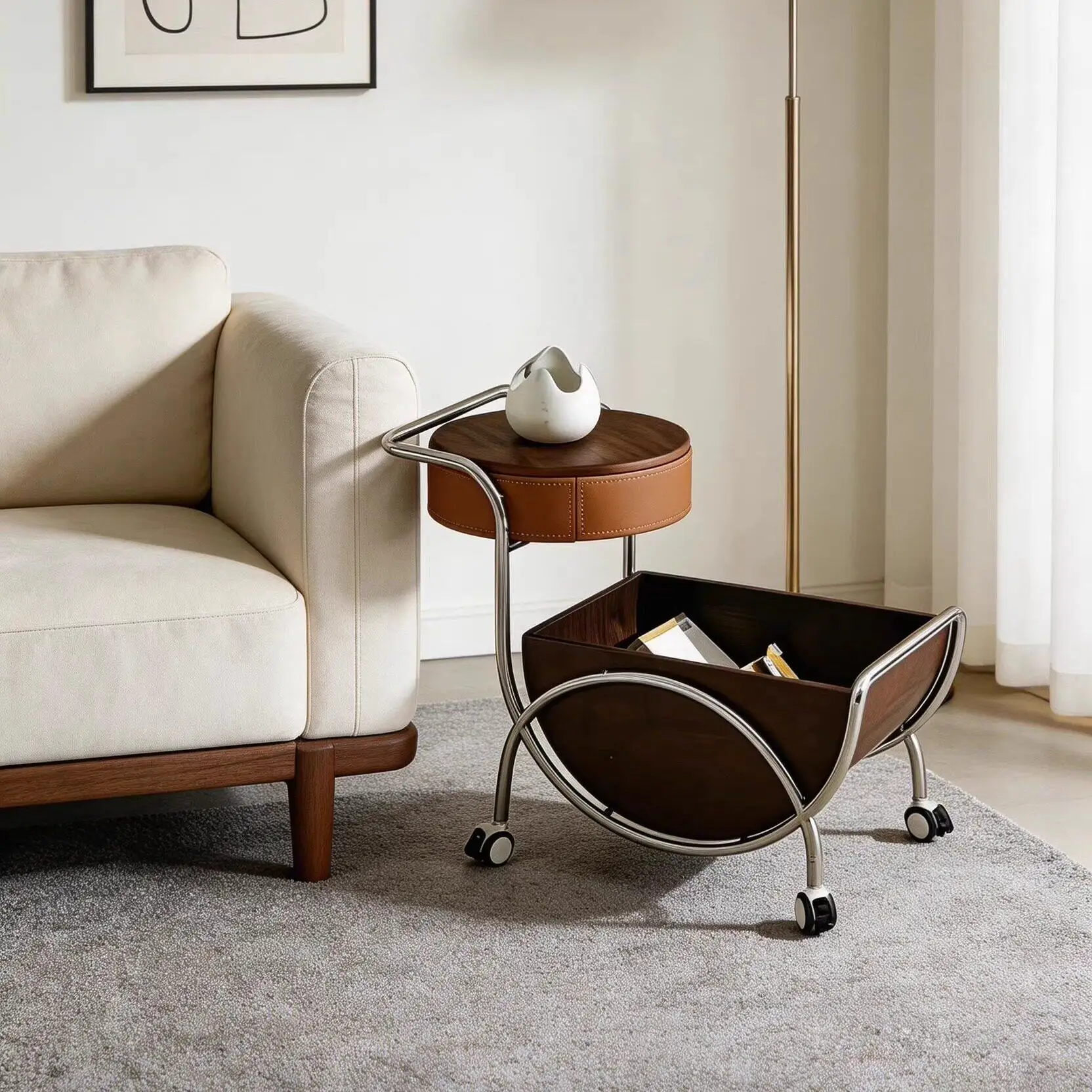 With Storage Basket Wooden Coffee Table Vintage Rolling Side Table with Wheels Mid-Century Modern Sofa Side Cart Living Room