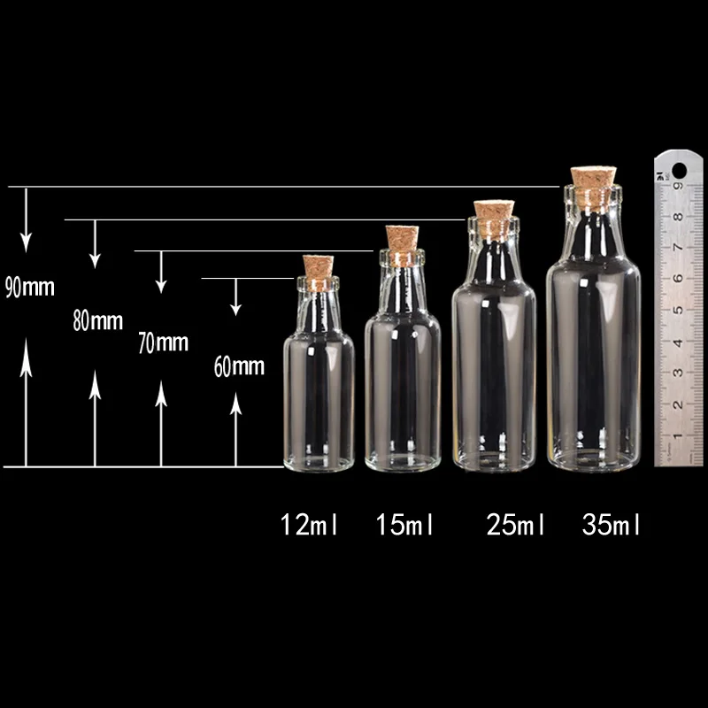 12ml 15ml 25ml 35ml 24pcs  Empty Clear Glass Wishing Bottle Corked Glass Vial Cute Message Charms Pendants Bottle Stopper