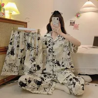 5XL Plus Size Pajamas Women 3Pcs Set Lounge Sleepwear Suit Spring Summer Print Home Clothes Short Sleeve Tops Shorts Pants Suit