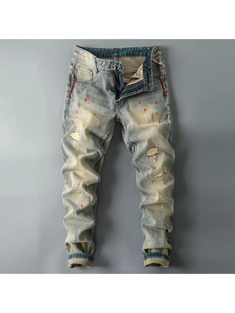 アメリカンレトロジーンズ メンズ 2025年新作 スモールフィット イエローマッド染め ダメージ加工 カジュアル ノスタルジック ロングパンツ