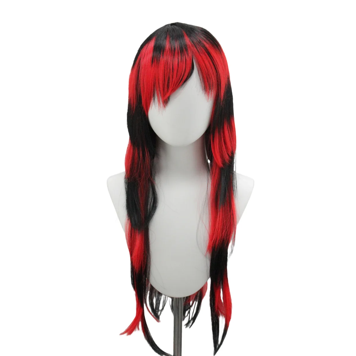 Black Red Patchwork Long Layered Synthetic Wig with Side Bangs, Emo Goth Style for Anime Cosplay and Punk Party Outfits