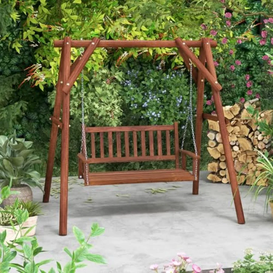 2-Person Wooden Outdoor Porch Swing for Garden and Backyard, Solid Wood, Natural Brown, Heavy Duty 500 LBS Capacity with 5.6 Ft