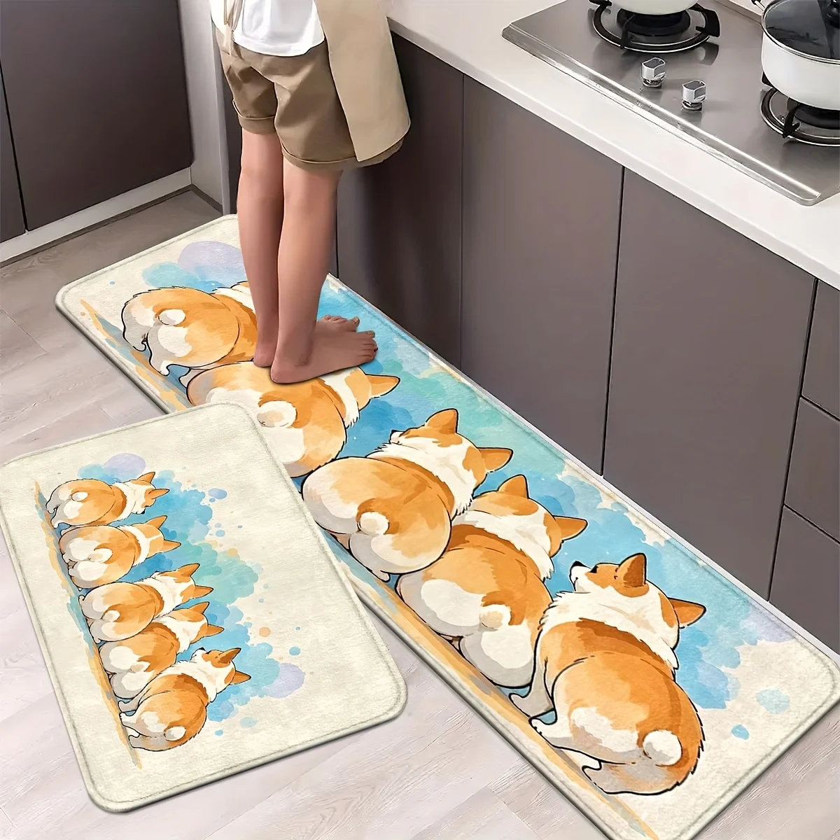 VIKAMA Watercolor Corgi Bottom Cartoon Kitchen Floor MATS, Anti-Slip Absorbent Foot MATS, Corridor Carpets, Home Decoration Rug