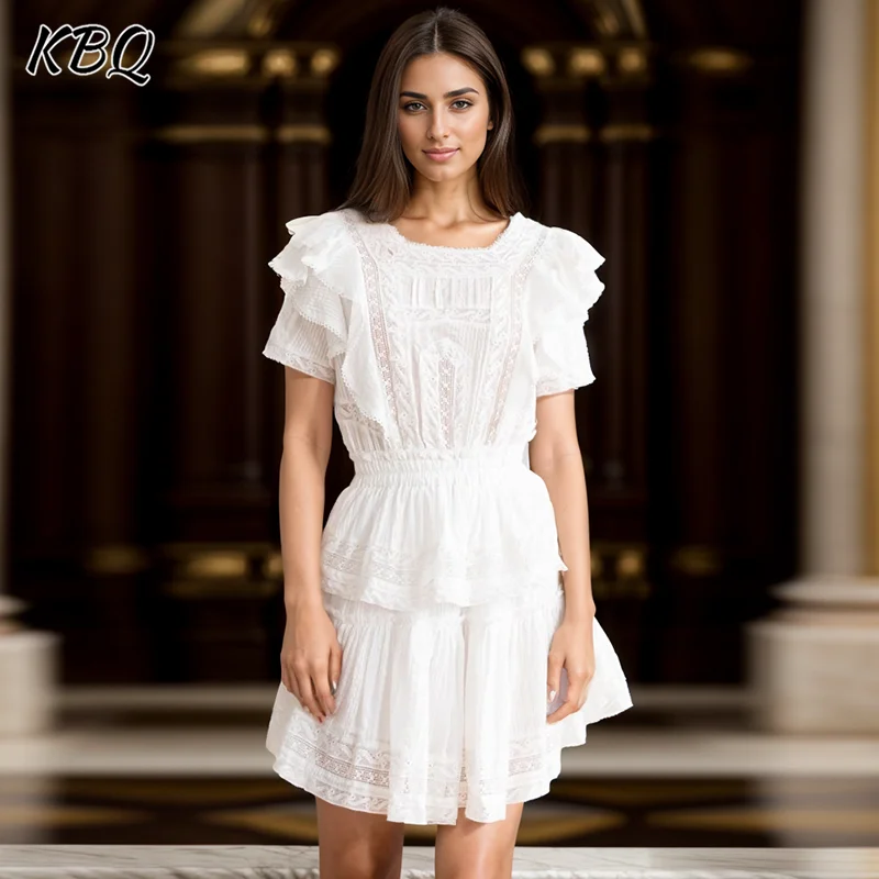 

KBQ Solid Hollow Out Patchwork Ruffles Dress For Women Square Collar Short Sleeve High Waist Elegant Mini Dresses Female Style