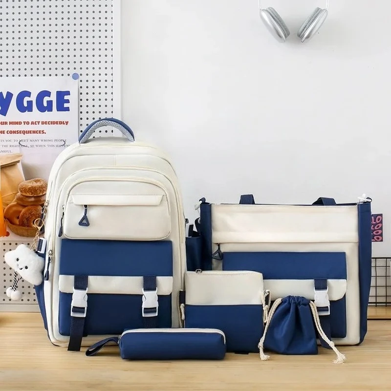 2025 Waterproof Children's Schoolbag Set for Junior and High School Students Double Oulder Bag with Five Pieces Commuter Bookbag