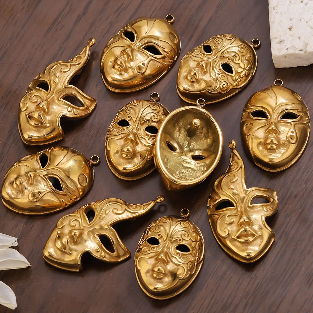 2 Stück Edelstahl-Maskenanhänger, vergoldet, Emaille, venezianische Maske, Gesichtsanhänger für DIY-Schmuckherstellung, Damen-Ohrringmaterial – Detail 6