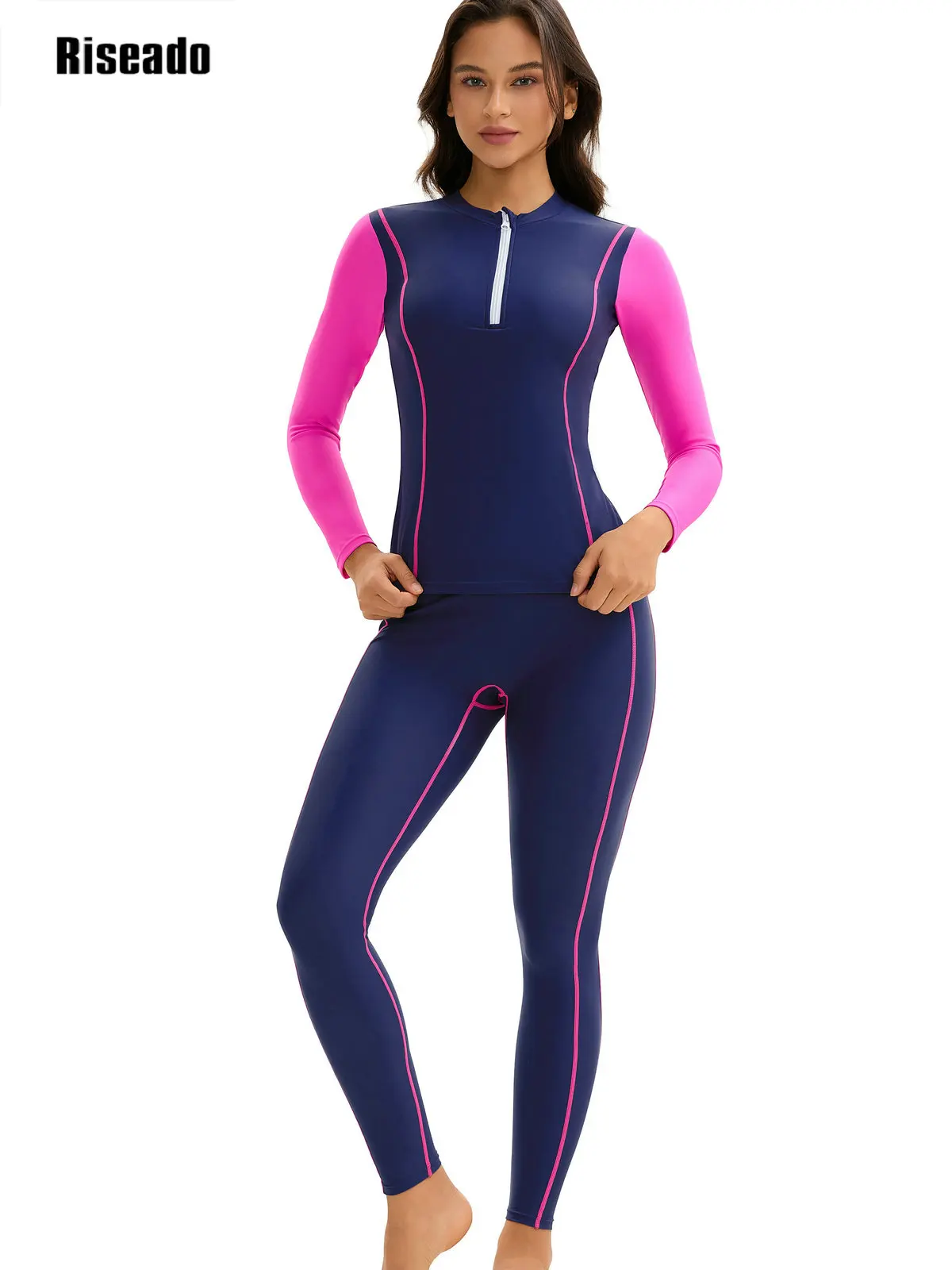 Womens Full Body Zip Front Rash Guard Long Sleeve Two Piece Bathing Suit UPF50+ Muslim Swimsuit Diving Surfing Long Pants