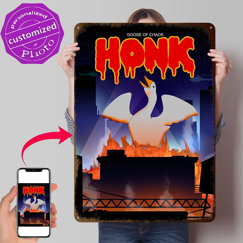 Honk Goose Zilla Poster Retro 3D Printed Metal Signs Customized Wall Hanging Gift for Decoration Living Room Decor Men Man Cave