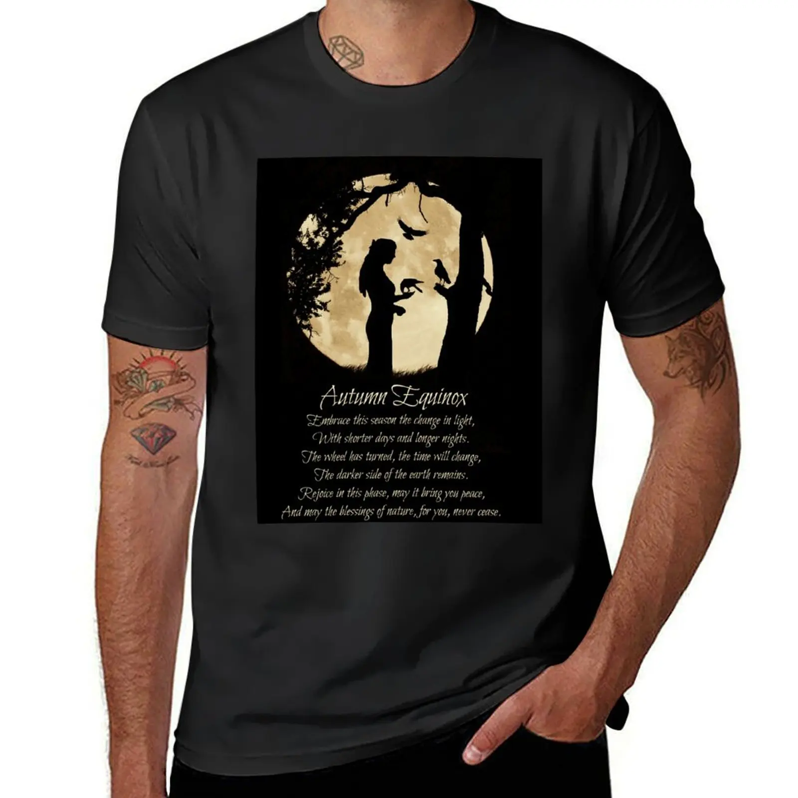 

Autumn Equinox Blessing with Girl and Ravens Oak Tree and Moon T-shirt quick-drying mens funny t shirts