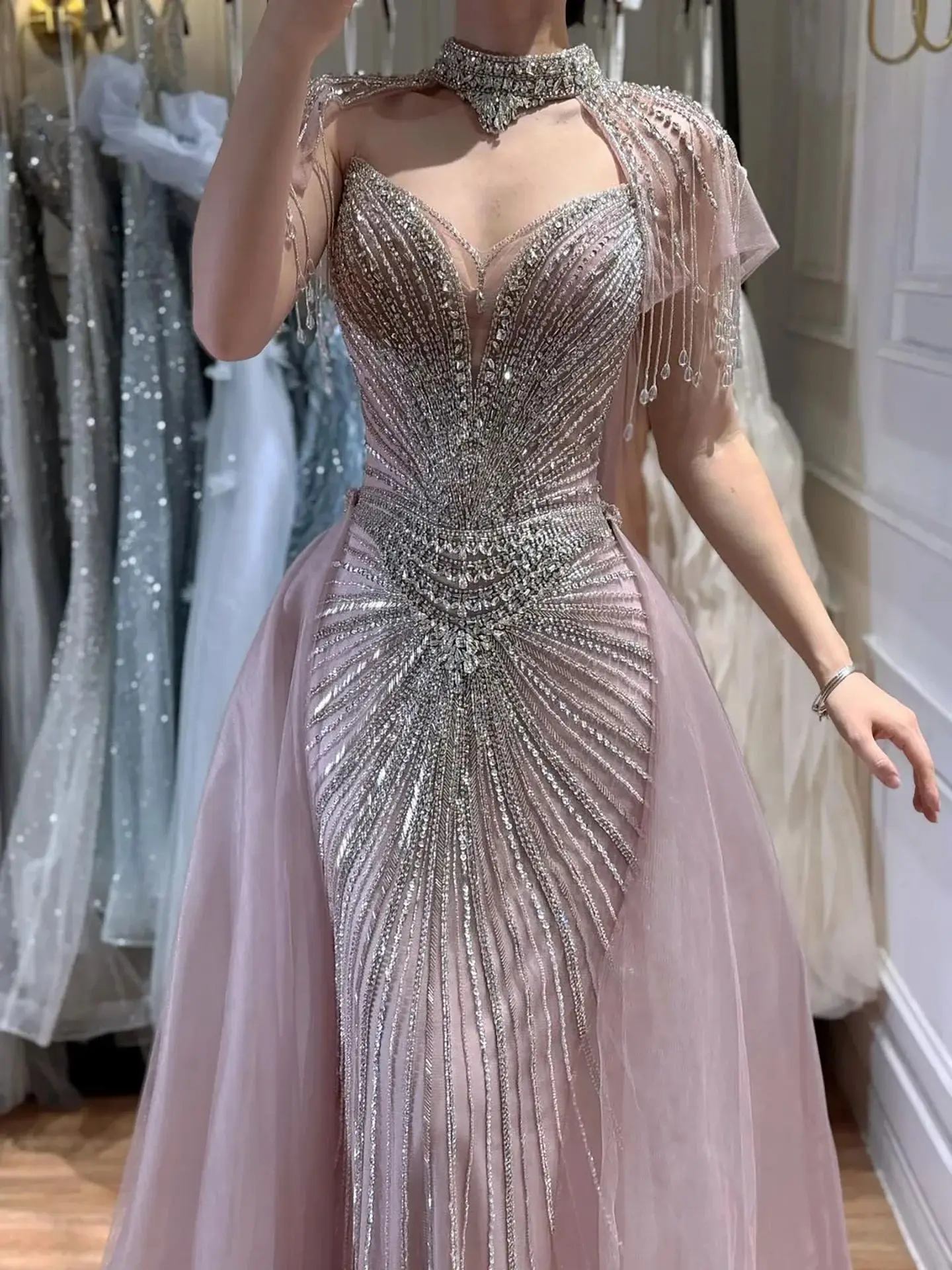 Customized Luxury Full of Beads Mermaid Prom Dresses Exquisite Evening Dresses with Removable Overskirt Beaded Tassel Gowns image 2