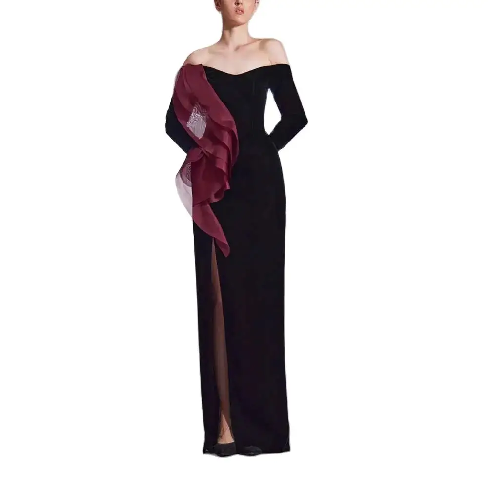 YUMDAI Luxury Black Velvet Evening Dress 2024 Wedding Party High Slit Formal Dress Guest Red Organza Ruffle Bodycon Dress