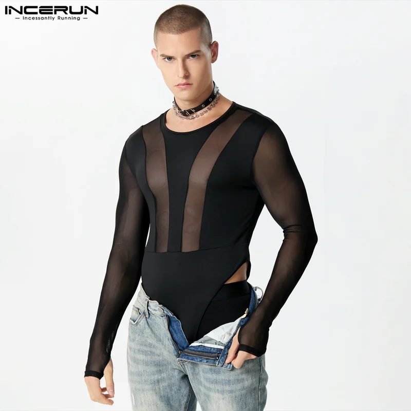 

INCERUN 2023 Sexy Style Mens Homewear Fashion Solid Thin Mesh Jumpsuits Leisure All-match Patchwork Long Sleeved Bodysuits S-5XL