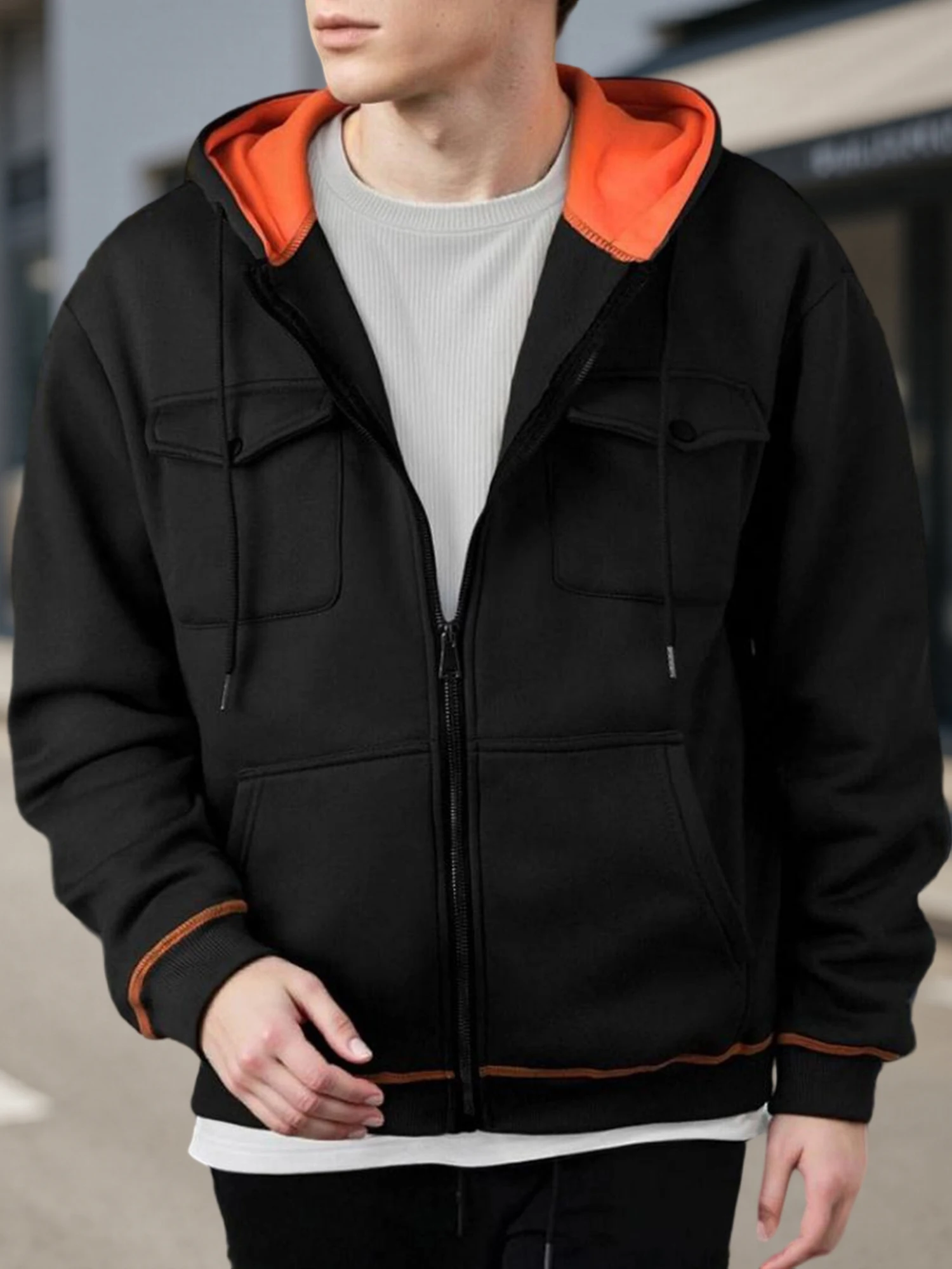 معطف منتفخ مبطن أنيق للرجال مع غطاء رأس قابل للإزالة وجيوب متعددة وسترة شتوية دافئة بسحاب كاجوال #2