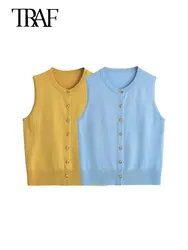 TRAF-Women's Front Gold Button Knit Vest Sweater, O Neck, Sleeveless, Female Waistcoat, Chic Tops, Fashion