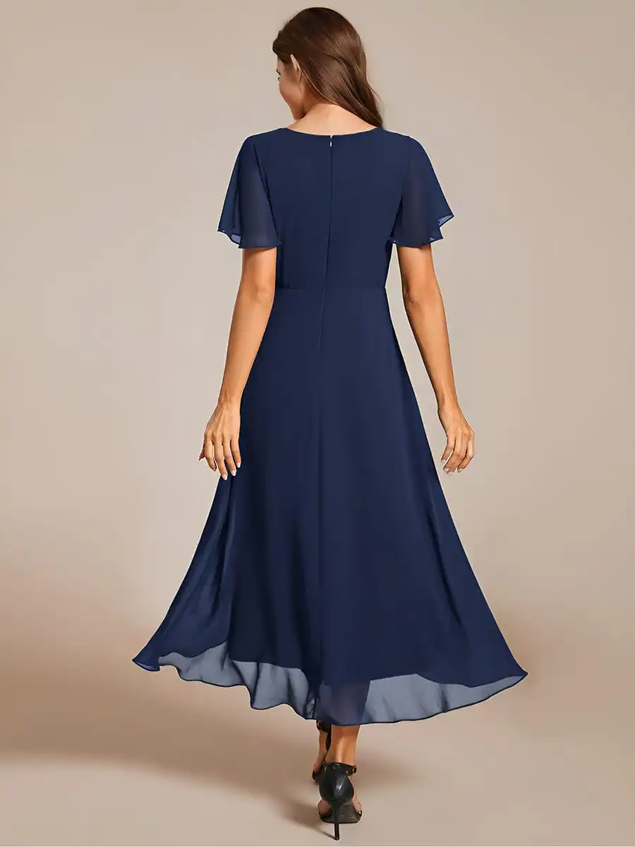 Elegant Evening Dresses Ruffles Sleeve Pleated V-Neck Midi 2024 Ever pretty of A-Line Navy Blue Chiffon Wedding Guest Dress