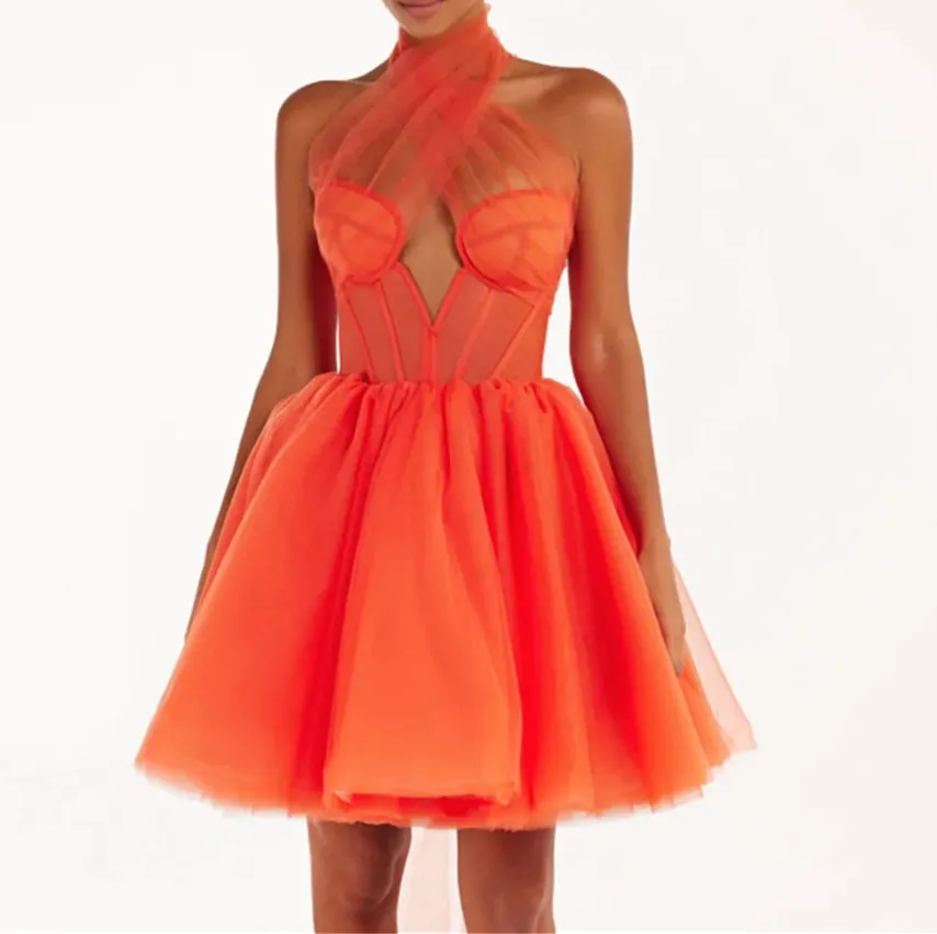 Customized Orange Homecoming Dresses Exposed Boning Halter Neck Girl Sweet Short Prom Gowns Maxi Party vestidos de graduación