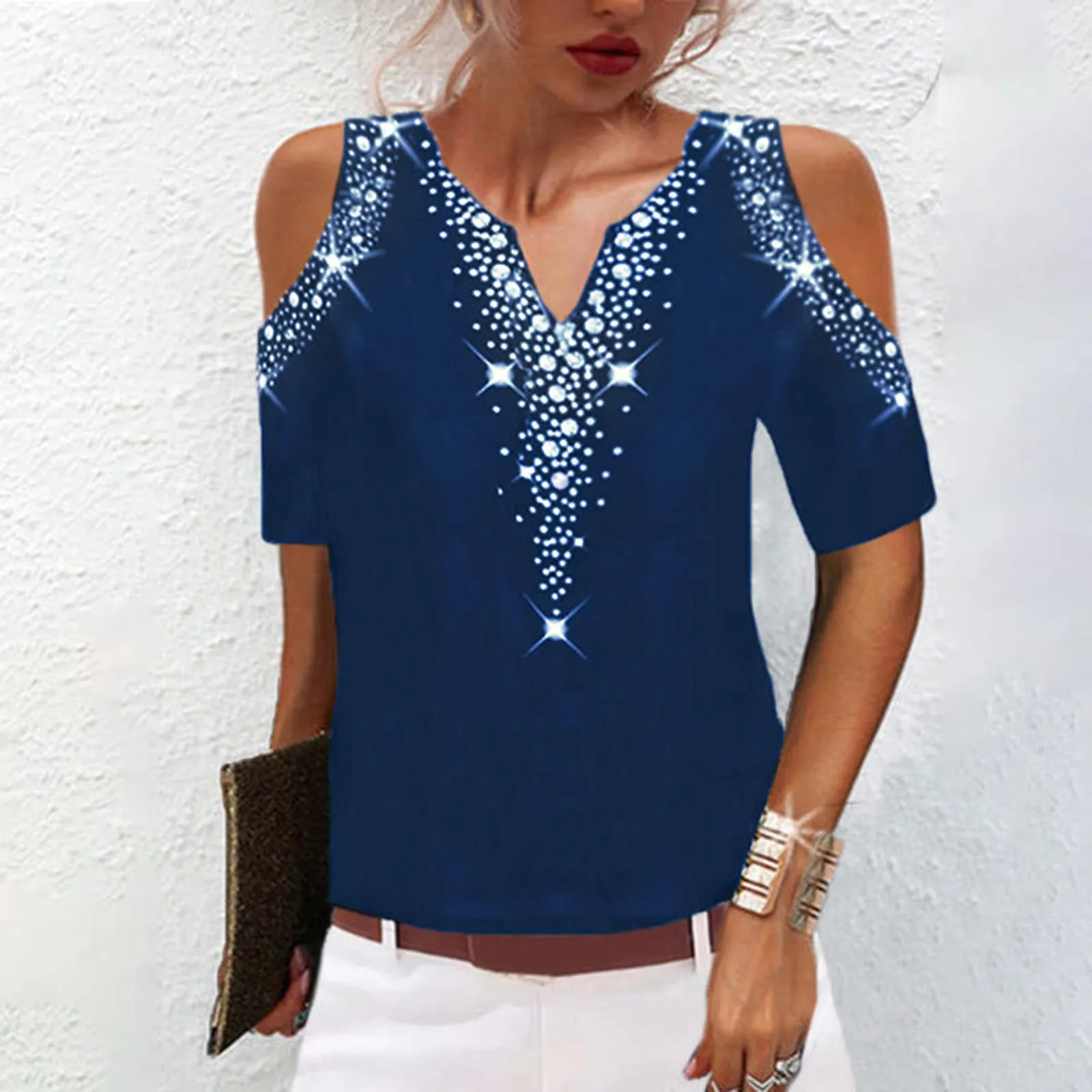 Women Sequined Print Tops Summer Short Sleeve Cold Shoulder V Neck Printed Club Party Shirts Elegant Casual Loose Tee Tops