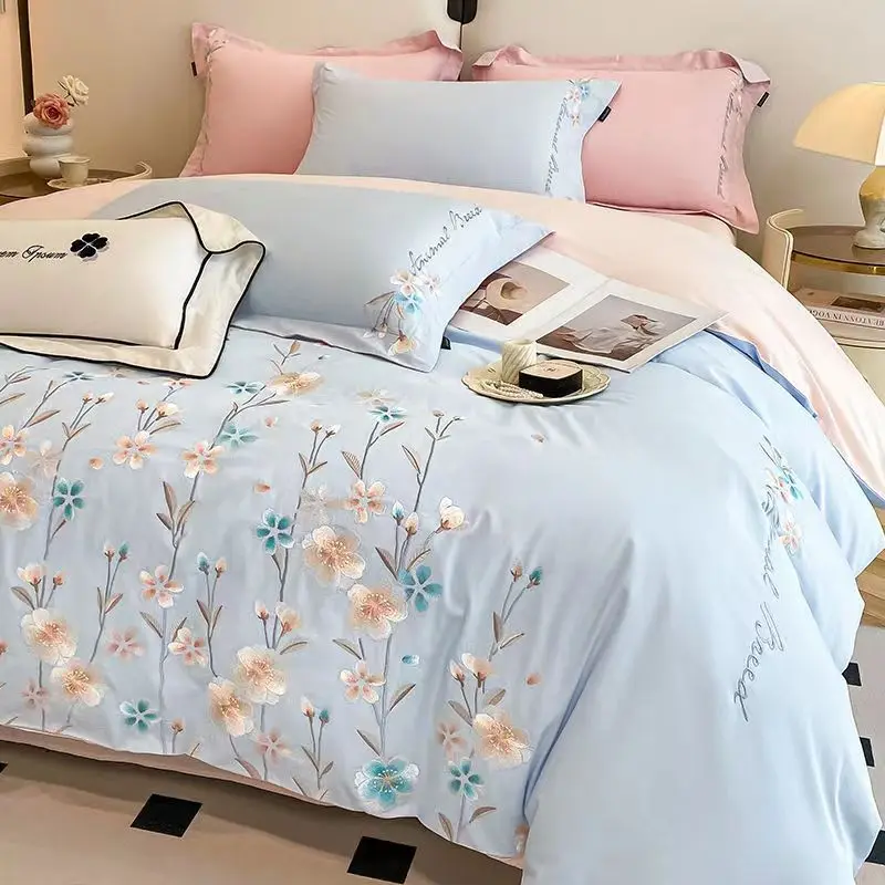 Luxury Floral Embroid Bedding Set 4Pcs 100% Cotton Duvet Cover Queen King Size Pillowcases Sheet For Couple Bed Bedspread