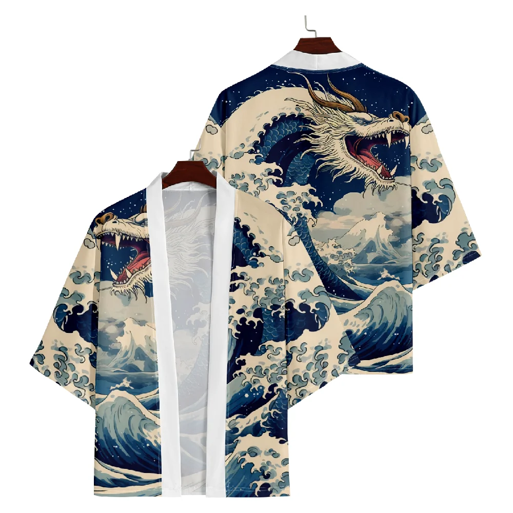 Japanese Streetwear Cardigan Women Men Harajuku Wave Print Haori Kimono Cosplay Shirts Yukata