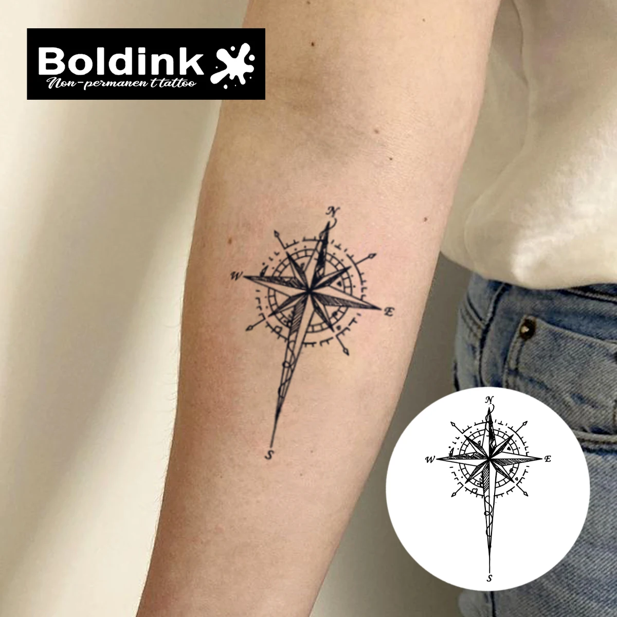 Boldink Navigator's Compass Temporary Tattoo,Lasts To 15 Days New Technology Magic Waterproof Semi Permanent Sticker.
