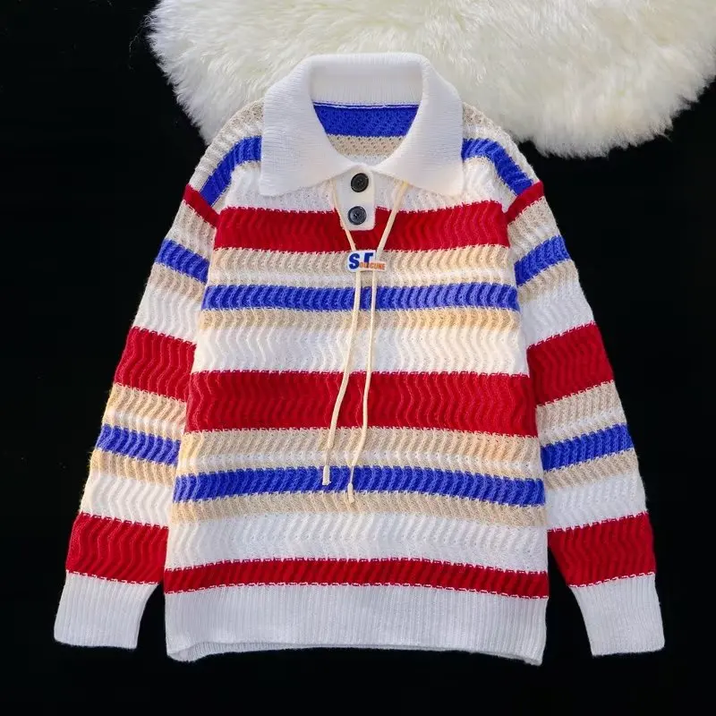 

Вязаный свитер большого размера в радужную полоску, мужской ленивый свитер для пар, осень-зима, повседневный свитер на голову