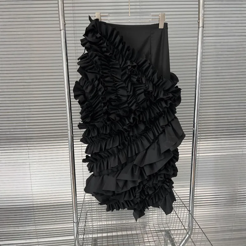 WTHT, nueva moda, faldas largas de pastel con diseño arrugado empalmado para mujer, falda dividida de cintura alta a la moda de verano 2025, para mujer 1LS2046