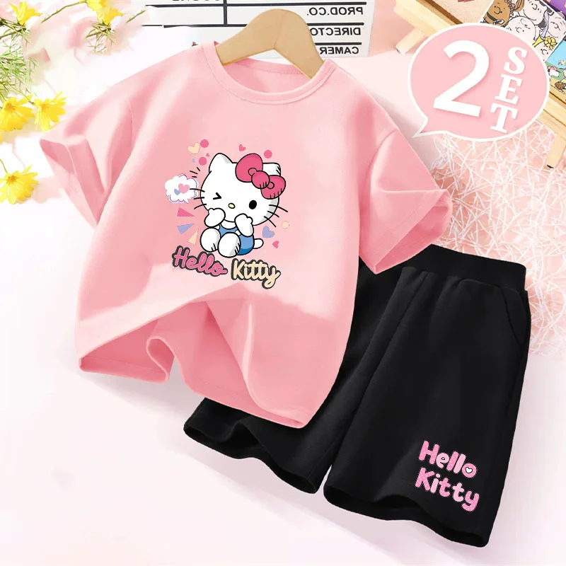 

2PCS Hello Kitty Girls T-shirts+shorts Set Cartoon Anime Pattern Printed T-shirt Children Summer Clothes Cute Tee Party Gifts