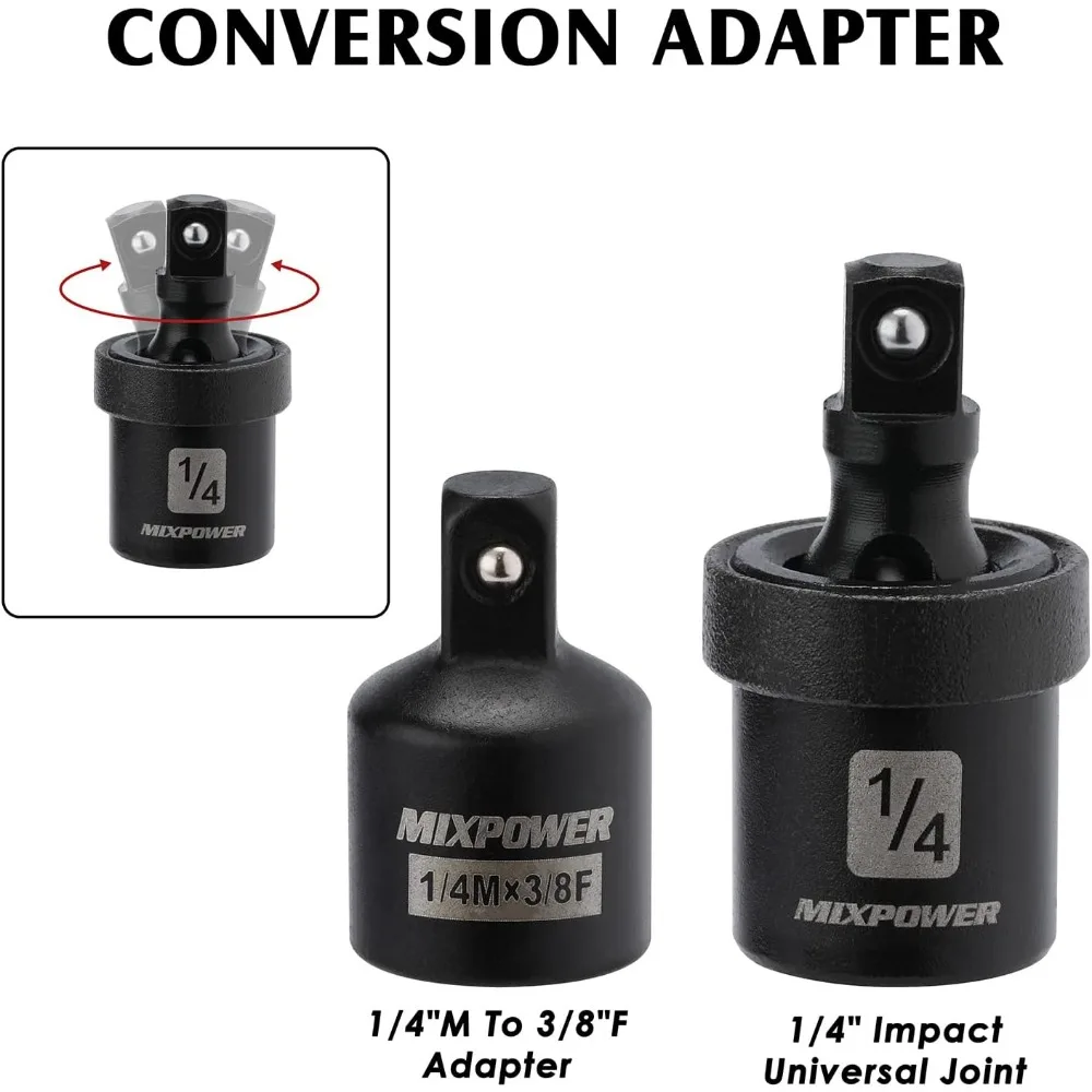 55 Pieces 1/4" Dr. Impact Socket Set CR-V 6 Point SAE/Metric 5/32 Inch - 9/16 Inch 4mm - 15mm Shallow/Deep Including Adapter