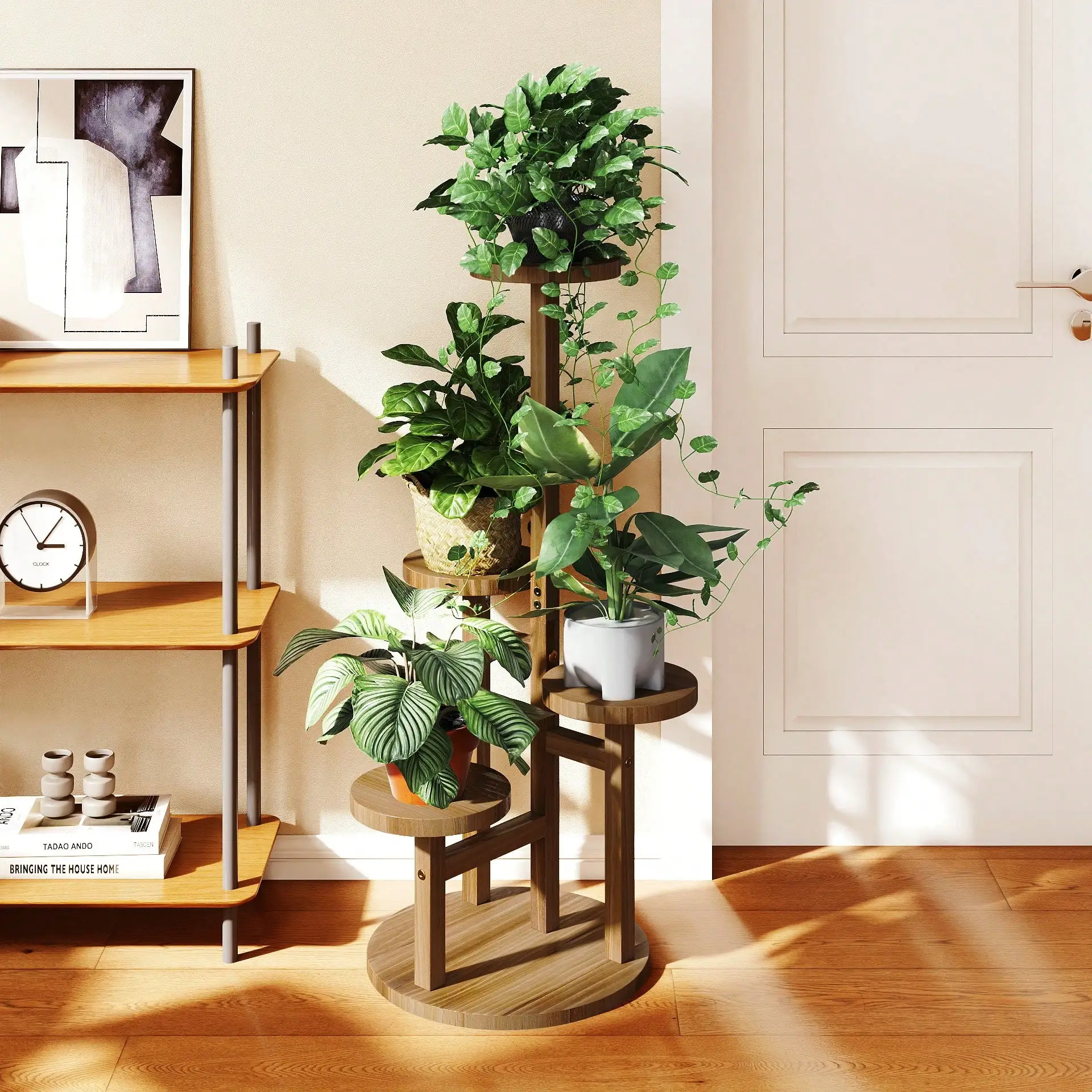 Home Bar Shelf - 4 Tier Wooden Plant Stand Modern