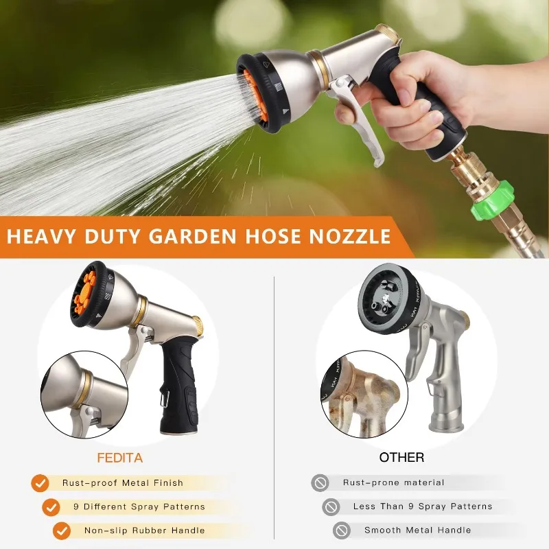 High Pressure Jet Garden Watering Irrigation Metal Water Hose Spray Guns Nozzle 9 Adjustable Spray Modes Durability Leak-Proof