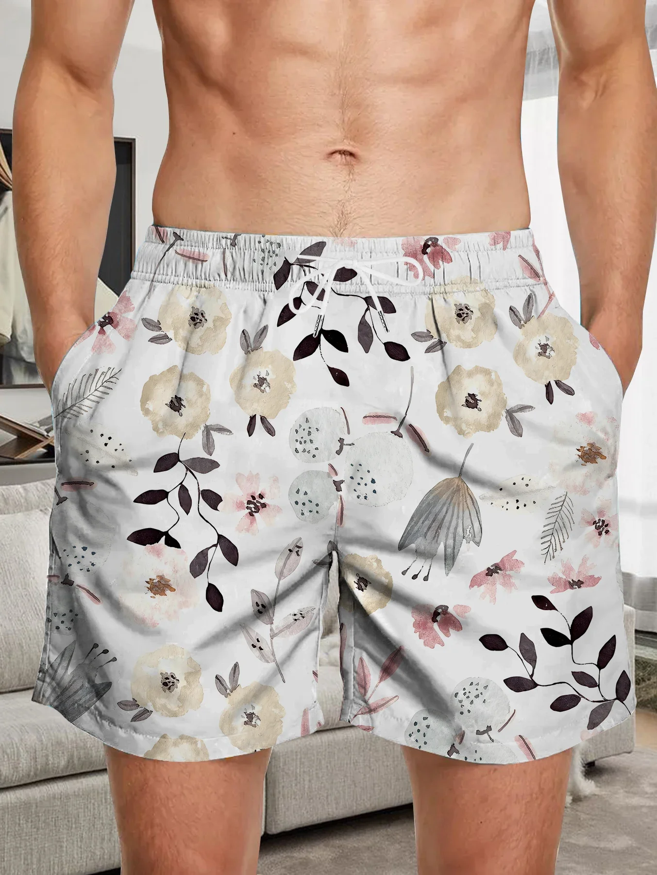 

Elastic Waist Men Beach Shorts Full Digital Print Polyester Quick Dry Swimwear