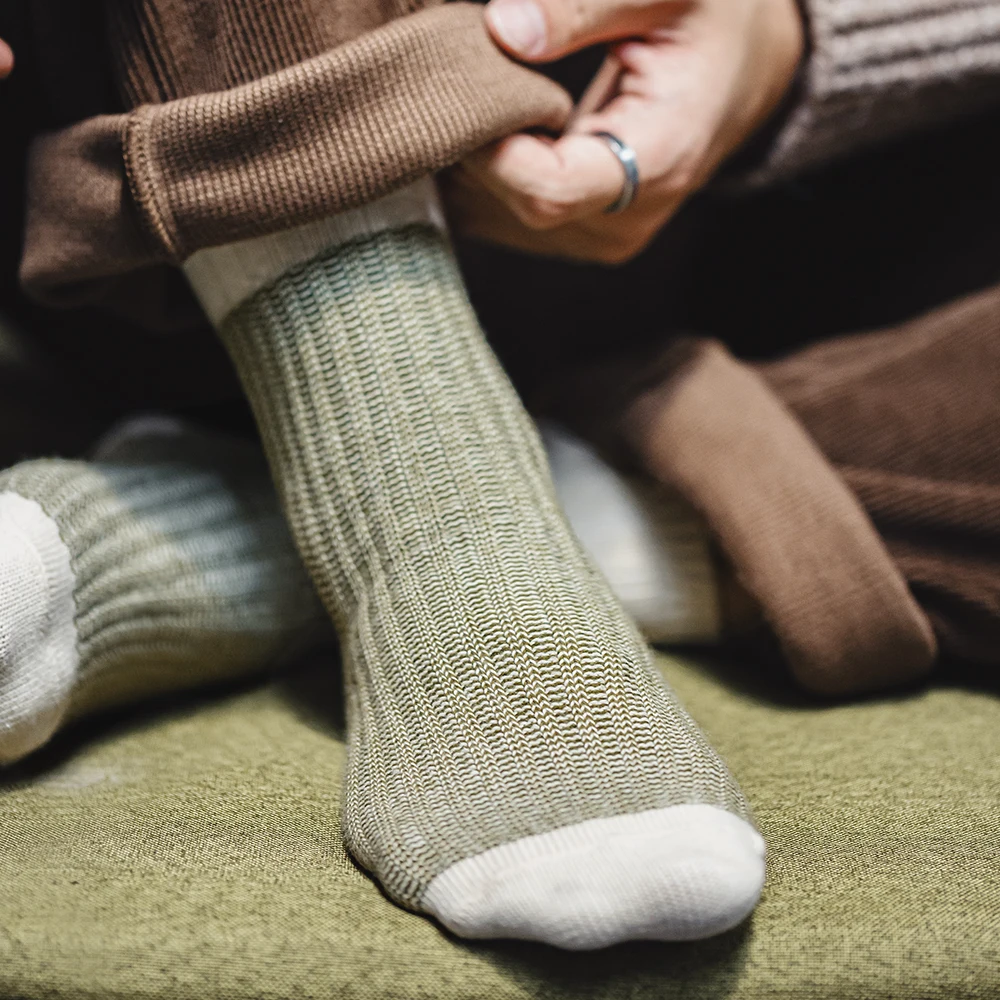 Maden メンズ 1/3/6/9 個レトロコントラストニットミッドカーフソックス通気性太い糸スプライス二本針ロングソックス秋用