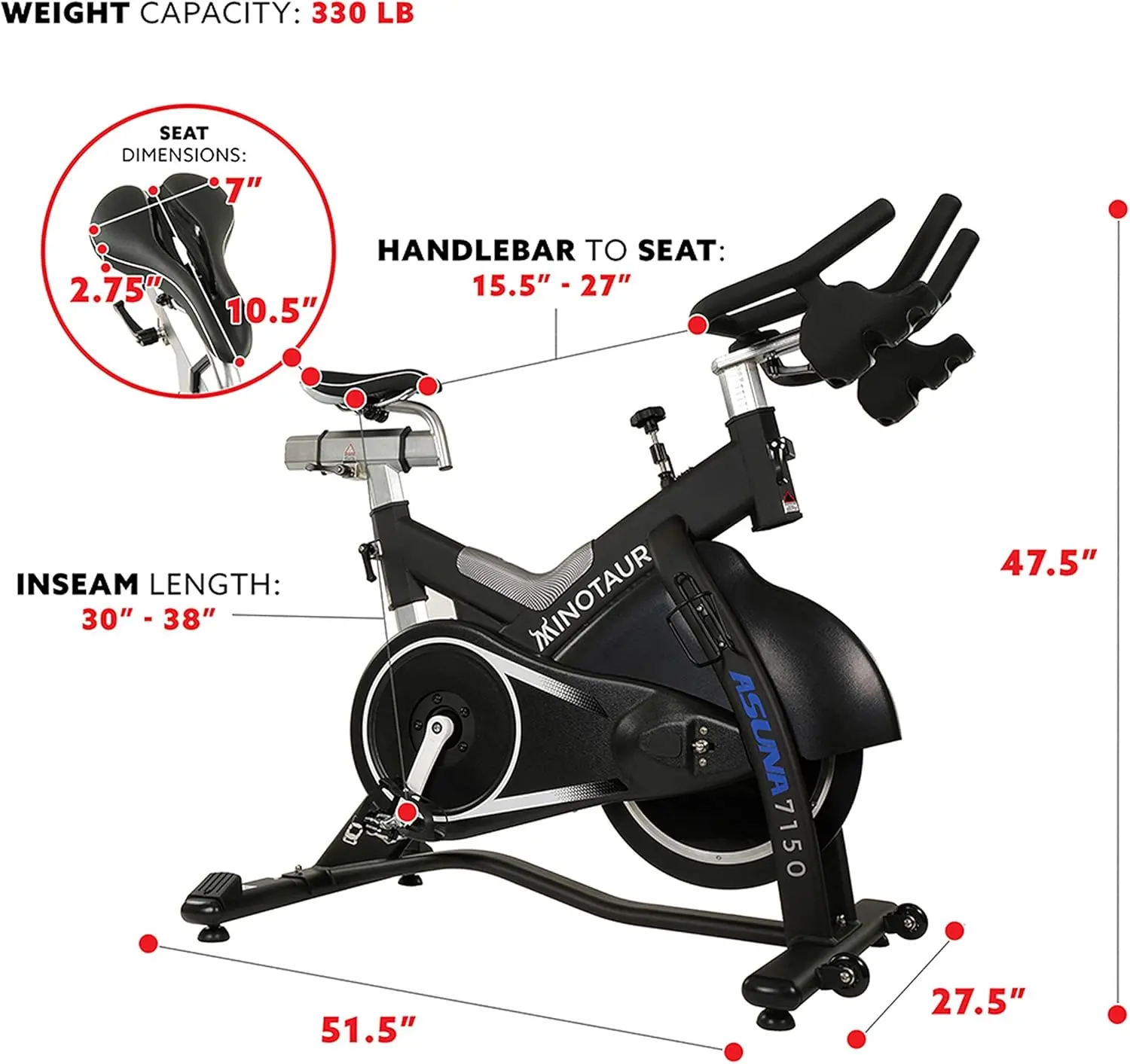 Sunny Health & Fitness-Vélo d'exercice Minotaur ASUNA 7150, entraînement par ceinture magnétique, vélo d'intérieur commercial, 330 lb max