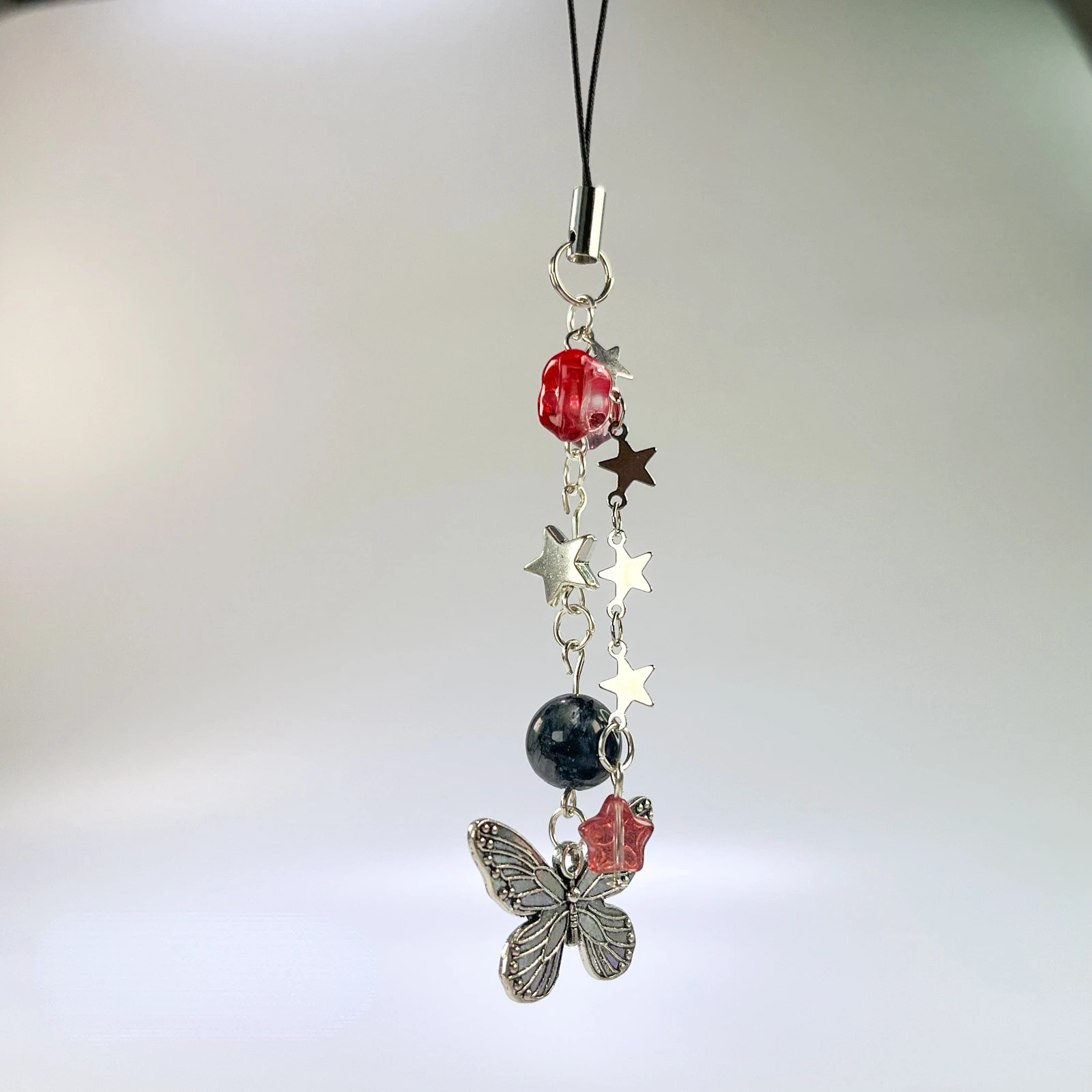 Original Black Red Bead Phone Charm Strap Metal Butterfly Star Pendant Cellphone Hanging Chain Keychain Bag Lanyard Keycord