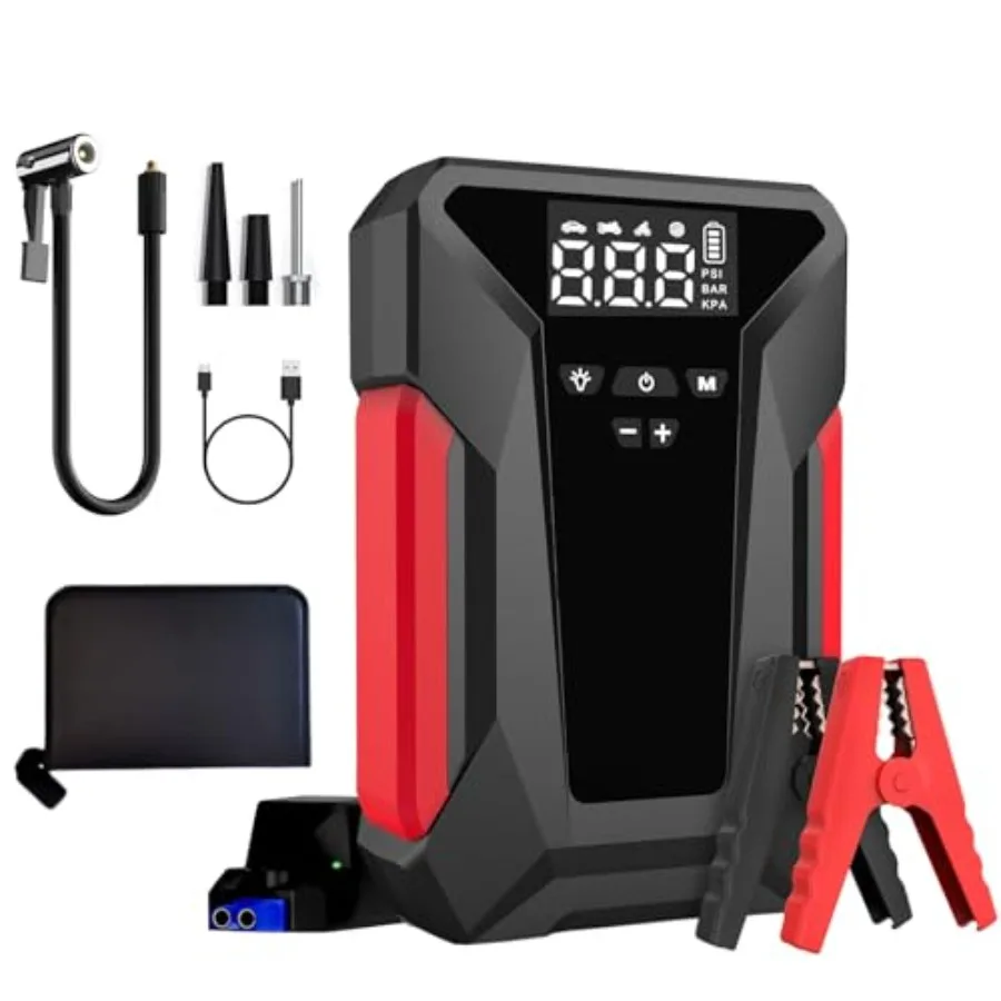 

Portable 12V Car Jump Starter with Air Compressor and 150 PSI Tire Inflator for Emergency Use: 4000A Peak Current Supports 8L G