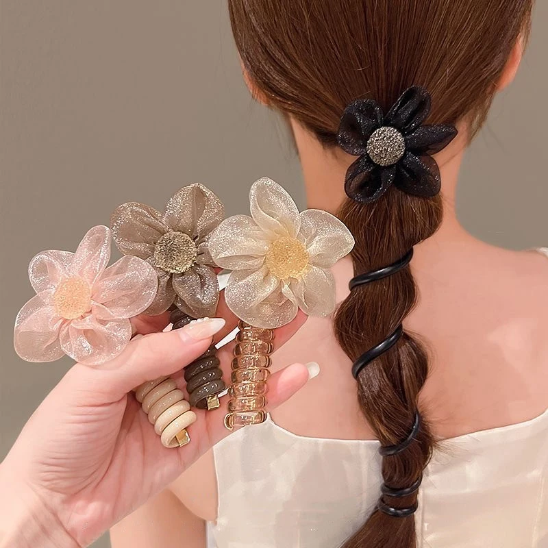 Mesh Flower Design Ponytail Elastic Headband Rubber Headband Hair Tie Phone Cord Hair Accessories Women'S Headband