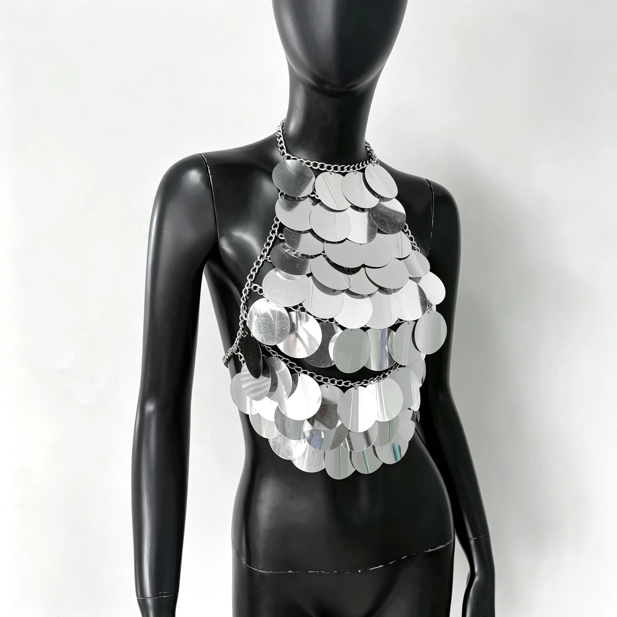 Damen Metall-Pailletten Rückenfreies Top Sexy Ausgeschnittenes Neckholder-Oberteil Handgefertigtes Träger-Top Rave Festival Party Tanktop Crop Top – Detail 10