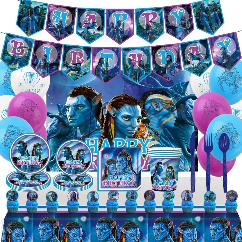 

Набор для тематической вечеринки по мотивам фильма «Аватар»: скатерть с мультяшным принтом, посуда, фоновое полотно, набор шаров.