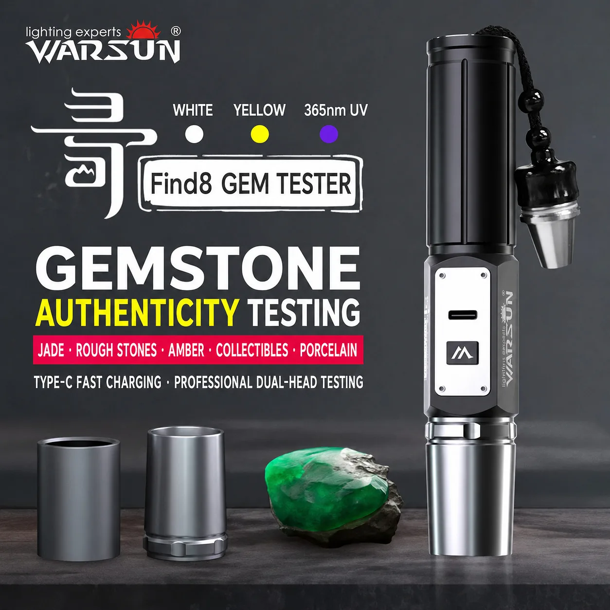 WARSUN FIND8 Three-Light Gemstone Inspection Flashlight, Bright UV Torch for Jade, Emerald, Jewellery and Authentication
